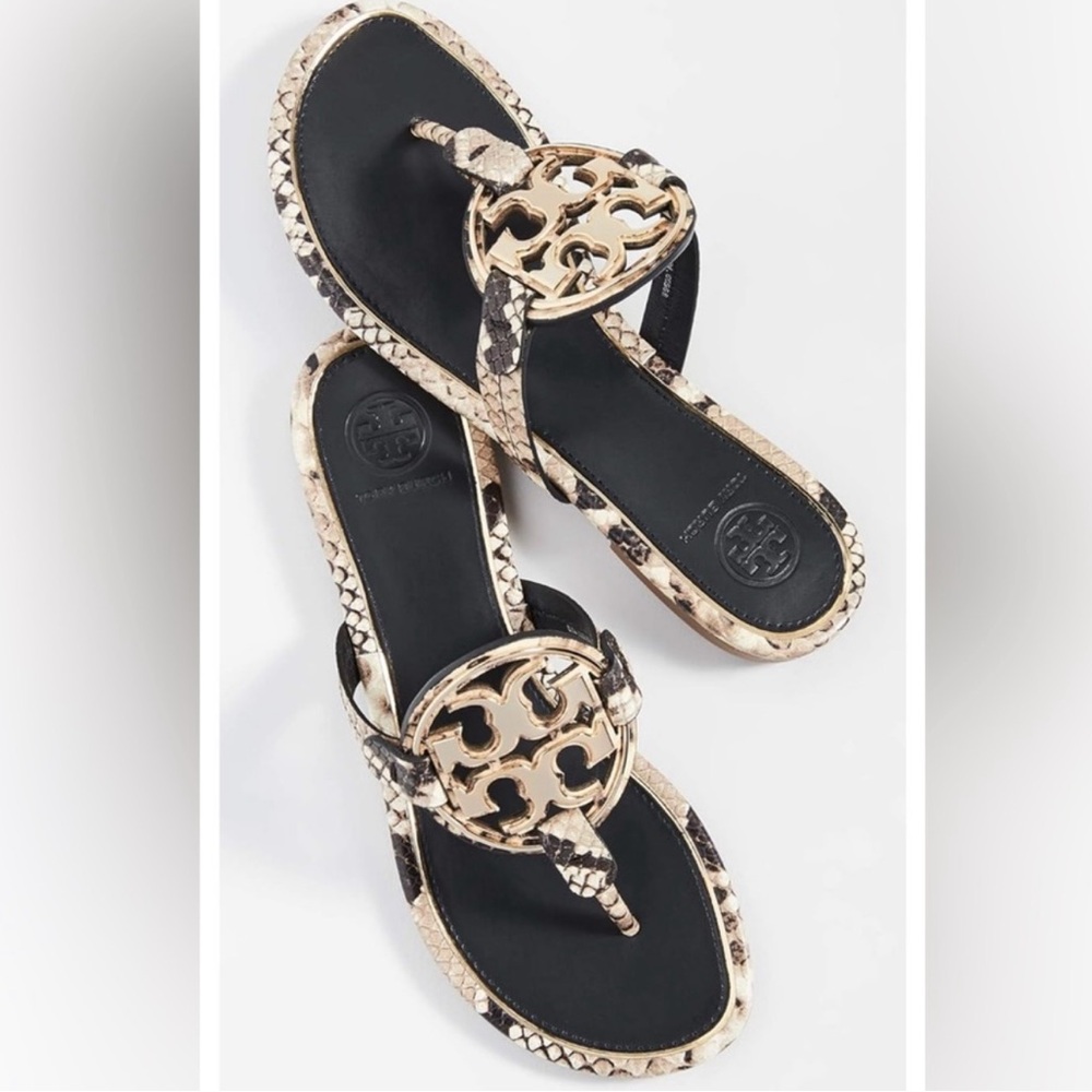 Tory Burch Metal Miller Sandals snake print black and gold size 10